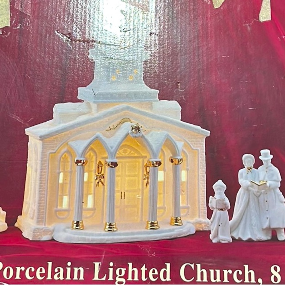 White porcelain lighted church 8 pc set